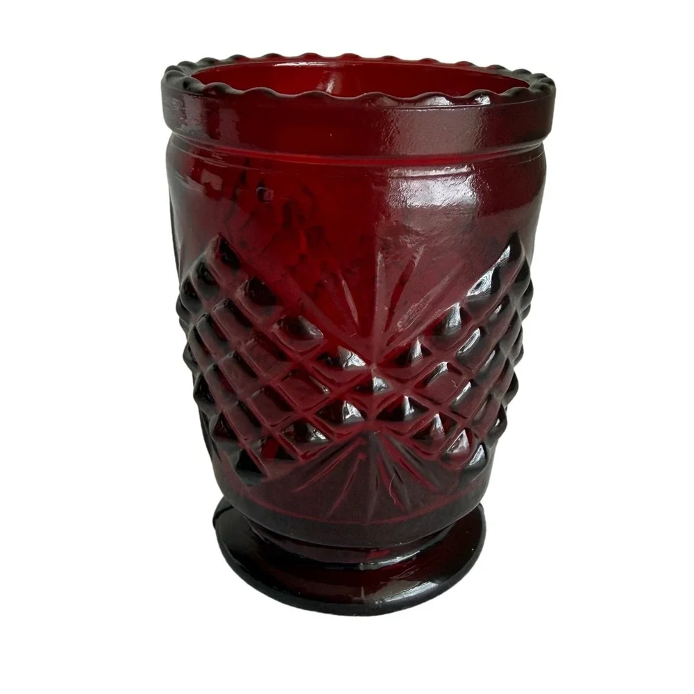 Vintage Ruby Red Pressed Glass Pineapple & Fan Footed Tumbler Scalloped Rim 3.25